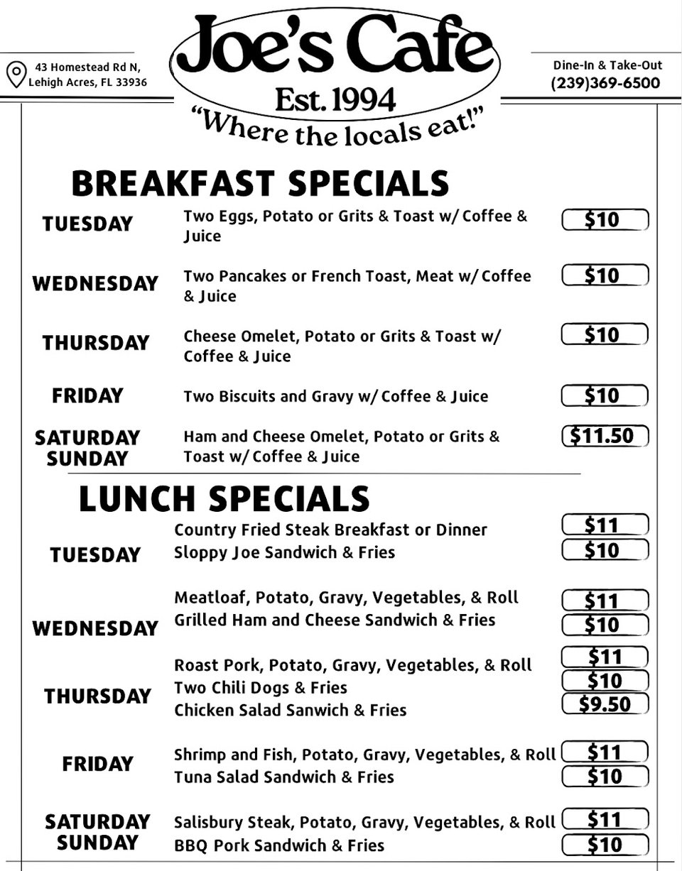 Breakfast menu with omelets and pancakes.