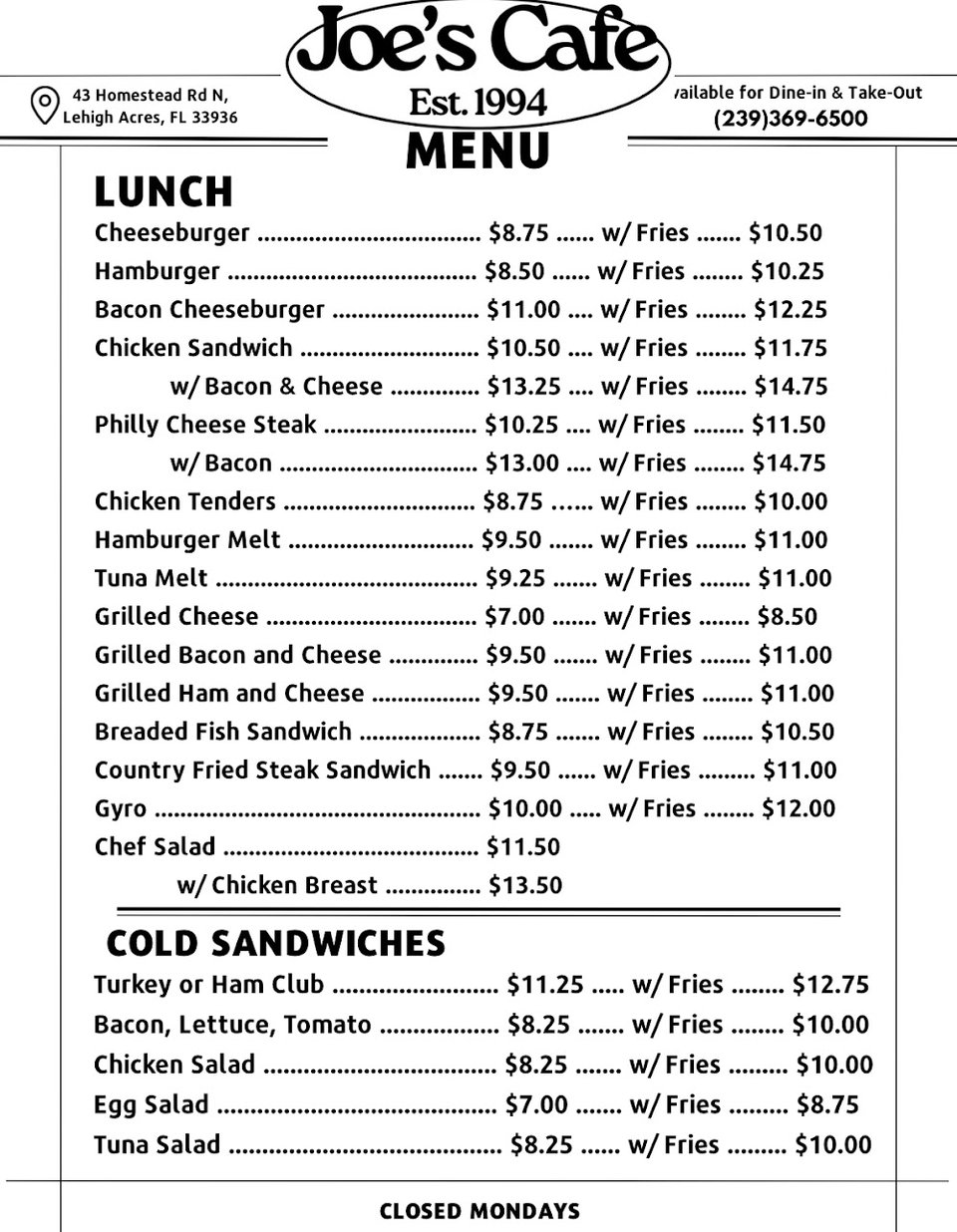 Menu board with classic diner-style breakfast choices.
